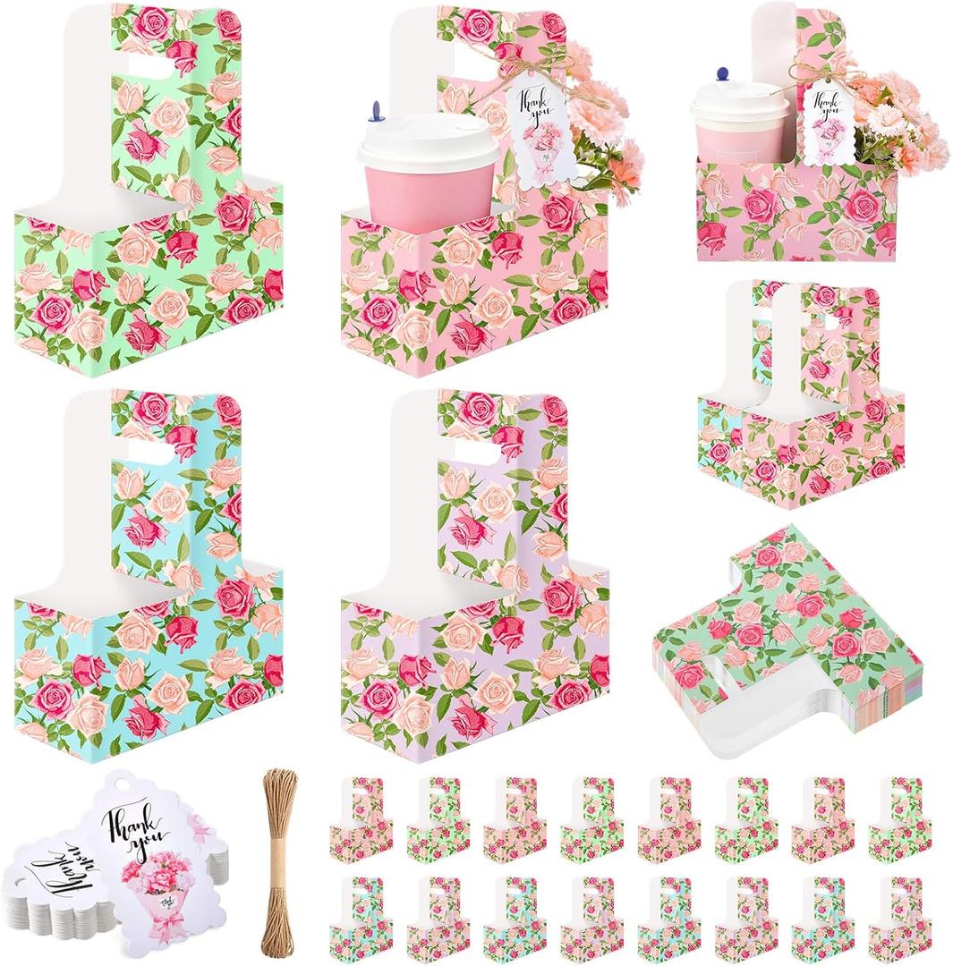 20 Pack Mother's Day 2 Cup Drink Carrier with Handle, Floral Coffee Cup Holder with Cards and Ropes, Disposable Cardboard Foldable Drink Caddy for Hot Cold Drinks, Food Delivery