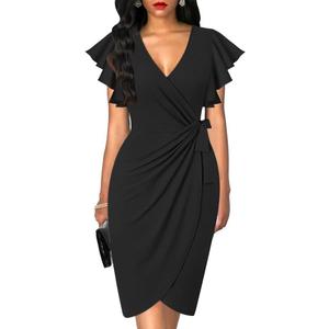 oten Womens Deep V Neck Ruffle Sleeve Sheath Casual Cocktail Party Work Faux Wrap Dress (Large, 1+black)