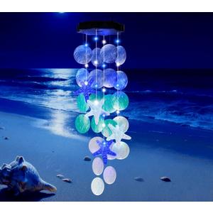 Solar Starfish Wind Chimes for Outside Mobile Shells Wind Chimes Hanging Decorative Lights for Holiday Garden Porch Yard Window Party Outdoor Decor, Gift for Mom Grandma Wife Girlfriend Neighbors (blue & white)