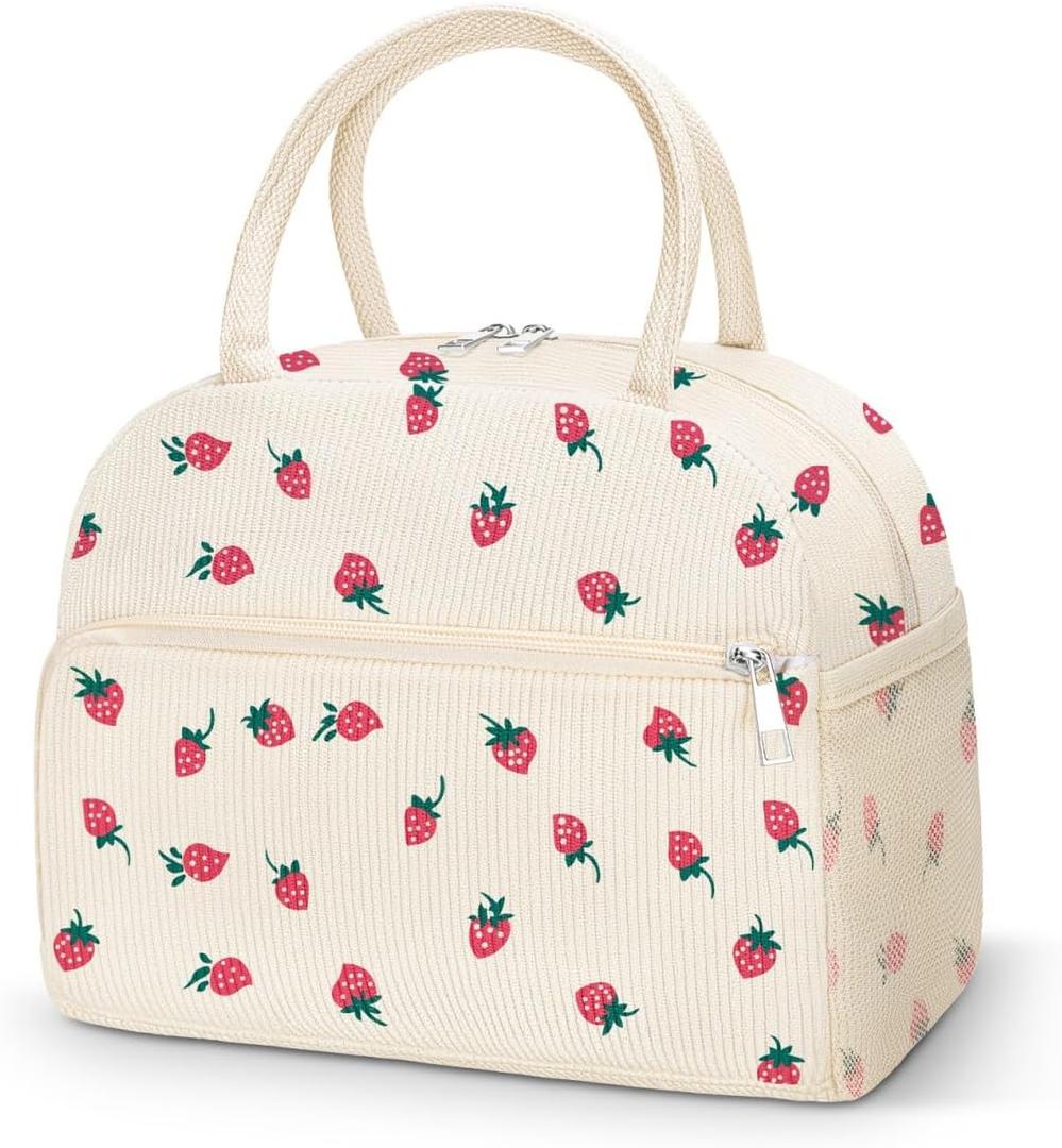 Coobiiya Corduroy Lunch Bag for Women Men, Cute Strawberry Lunch Tote Bags Insulated Reusable LunchBox Large Capacity Cooler Bag for Work Travel Picnic. Corduroy Strawberry