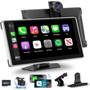 Wireless Carplay with 4K Dash Cam, 9" Portable Carplay Screen for Car, Apple Carplay & Android Auto Car Satellite Radio with 1080P Backup Camera, GPS Navigation/Mirror Link/Voice Control/Bluetooth