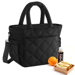 Afuosy Insulated Lunch Box for Women Men, Soft & Puffy Lunch Bag, Large Capacity Leakproof Reusable Tote Cooler Bag with 4 Pockets, Adjustable Strap, Ideal for Work, Outdoors (Black), Gifts for Mom