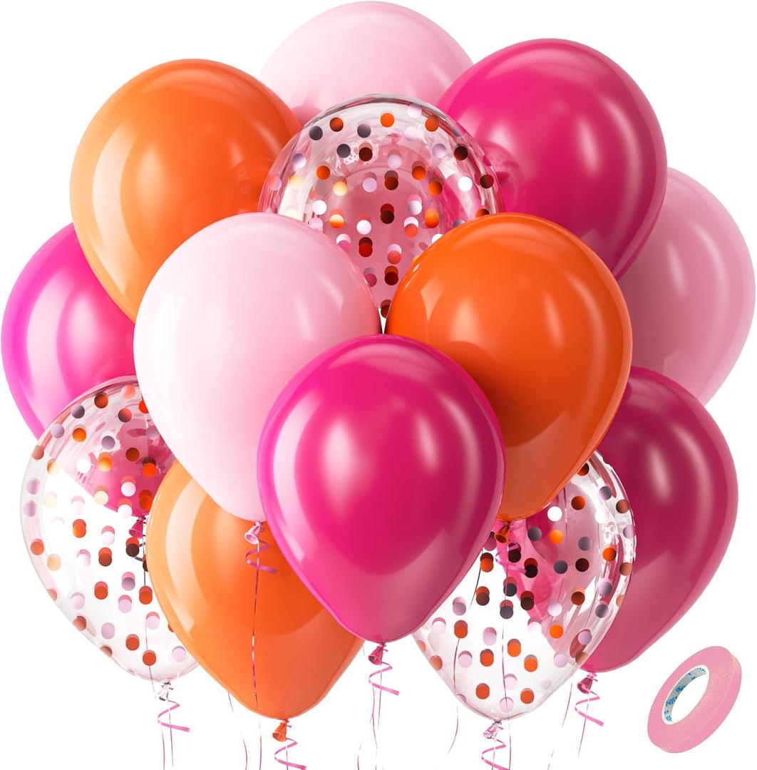 Bezente Pink and Orange Latex Balloons,60pcs 12 inch Light & Hot Pink Orange Confetti Balloons for Baby Shower, Birthday, Wedding, Tropical Party decorations