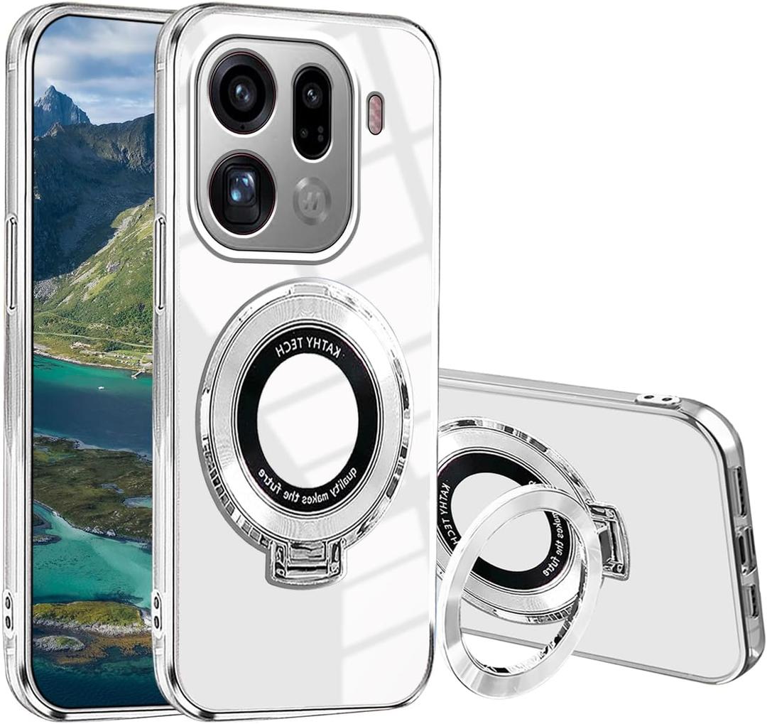 Wousunly Compatible with Oppo Find X9 Pro Case Clear with Stand 360Magnetic,Phone Case for Find X9 Pro Slim with Ring Kickstand Silicone Transparent Protective Cover (White)