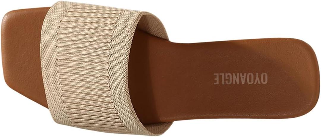 OYOANGLE Women's Single Band Square Open Toe Slide Sandals Summer Slip on Flat Sandals (7.5, Apricot)
