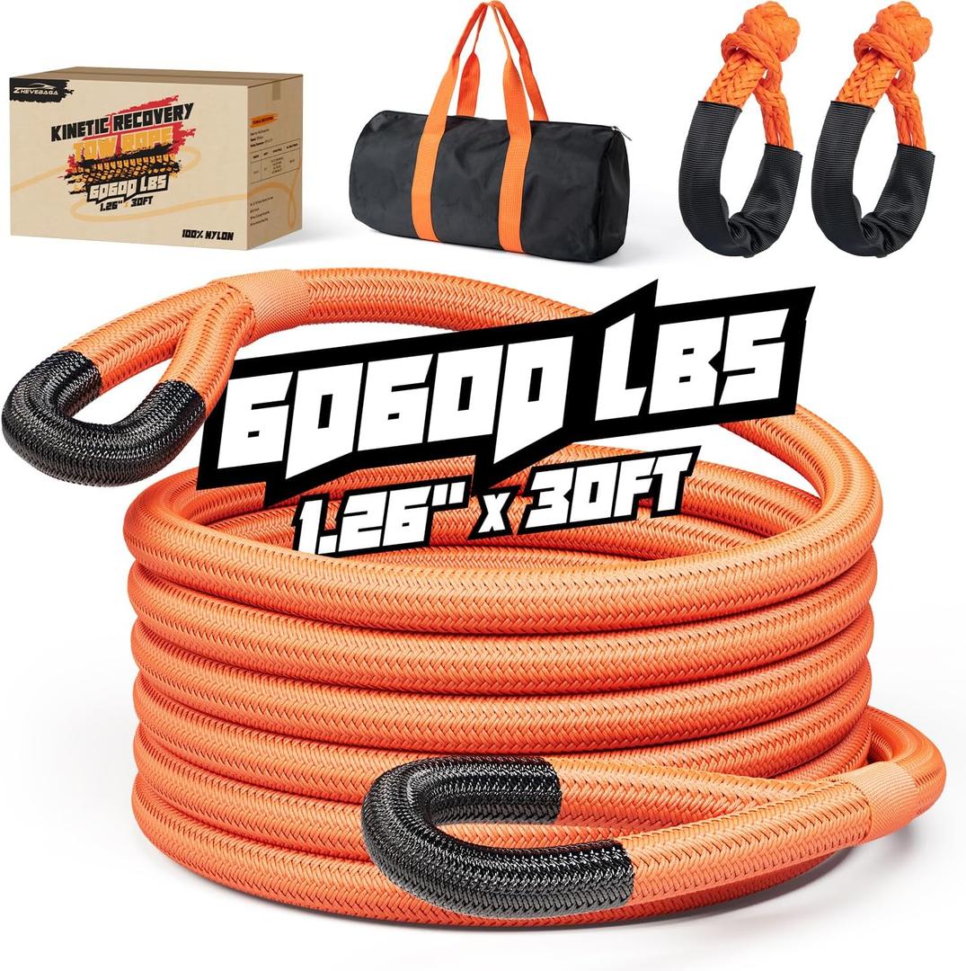 Kinetic Recovery Rope,1.26" x30ft Heavy Duty Offroad Tow Rope/60600 lbs Snatch Strap with Soft Shackles, 100% Nylon Offroad Towing Straps Kit for Truck ATV UTV SUV Jeep Car Tractor - Orange