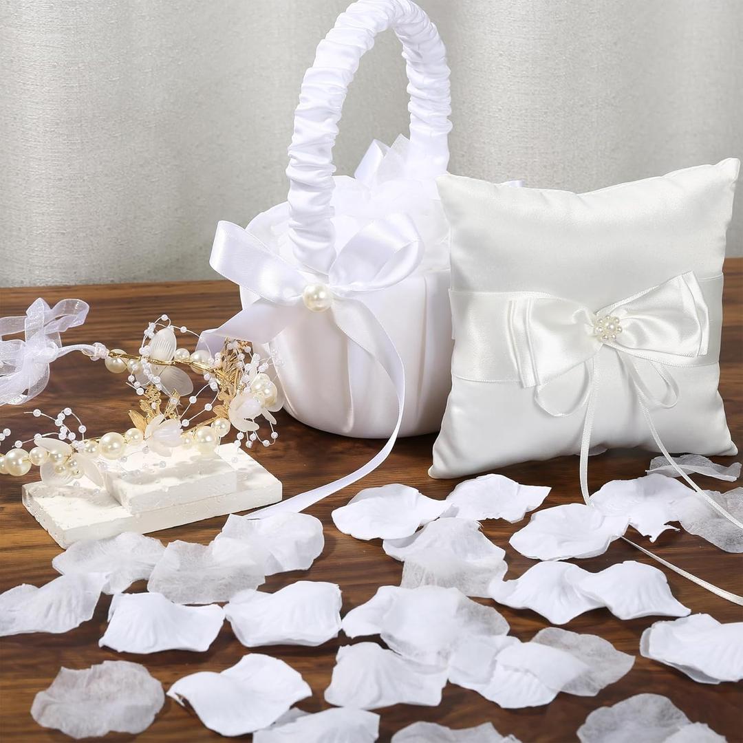 Ring Bearer Pillow - Flower Girl Basket, Wedding Flower Girl Basket and Ring Bearer Pillow Set, 500 Artificial White Ivory Rrose Petals, Fairy Flower Headband, Wedding Ring Pillow for Ceremony
