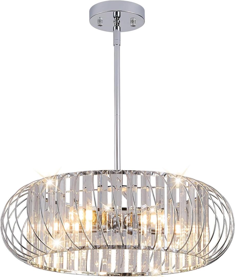 5-Light Semi Flush Mount Ceiling Light, 19 Inch Chrome Metal Cage Hallway Ceiling Lamps, Farmhouse Ceiling Light Fixture, Industrial Crystal Chandelier for Corridor Bathroom Kitchen (E12,19 Inch)