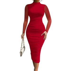 MOEENCN Women's Sexy Bodycon Midi Dress Birthday Outfits Sheer Mesh High Neck Ruched Date Night Club Party Dresses (Medium, Red)