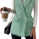WDIRARA Women's Houndstooth Print Sleeveless Lapel Raw Trim Button Front Long Vest Jacket, Size S (Green)
