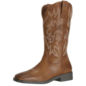 SheSole Women's Mid Calf Square Toe Cowgirl Western Cowboy Boots Brown 6.5
