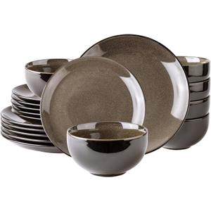 LeRatio Ceramic Dinnerware Sets for 6,Stoneware Plates and Bowls Sets,Handmade Reactive Glaze Dishes Set,Chip Resistant and Scratch Resistant | Oven&Dishwasher & Microwave Safe-Chestnut(18PCS) (Dreamy Moonlight-Chestnut)
