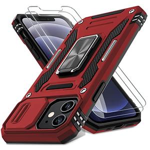DEERLAMN Case for iPhone 12/12 Pro with Slide Camera Cover+Screen Protector(2 Packs),Rotated Ring Kickstand Military Grade Shockproof Protective Cover-Red 