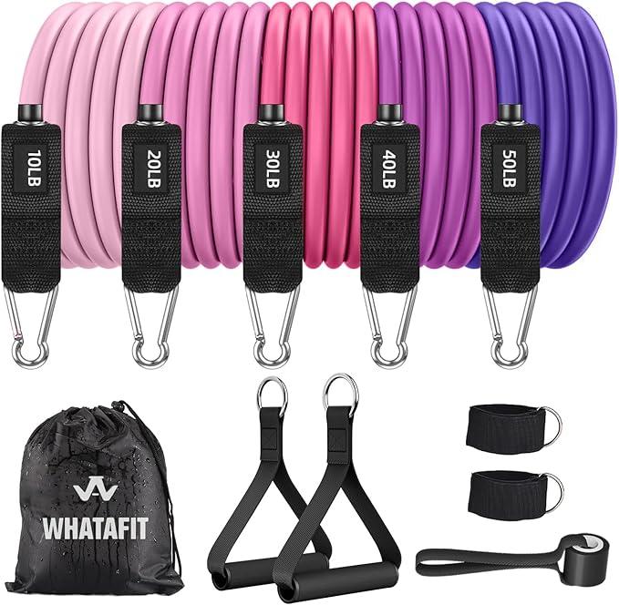 WHATAFIT Resistance Bands, Exercise Bands，Resistance Bands for Working Out, Work Out Bands with Handles for Men and Women Fitness, Strength Training Home Gym Equipment, Pink Purple