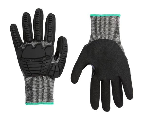  Basics 10 Pairs Impact Protection Gloves with Touch Screen Friendly 15G Sandy Nitrile Palm, Black, Size Large, 10 Count