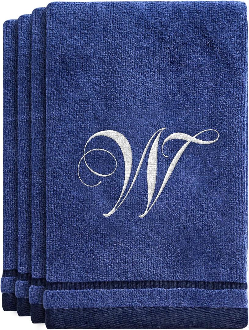 Creative Scents Navy Blue Monogrammed Towels with Initials - 4 Pack Super Absorbent Bathroom Fingertip Cotton Towel with Soft Velour Finish - Personalized Gifts for Freinds & Family 11"x18" Initial W