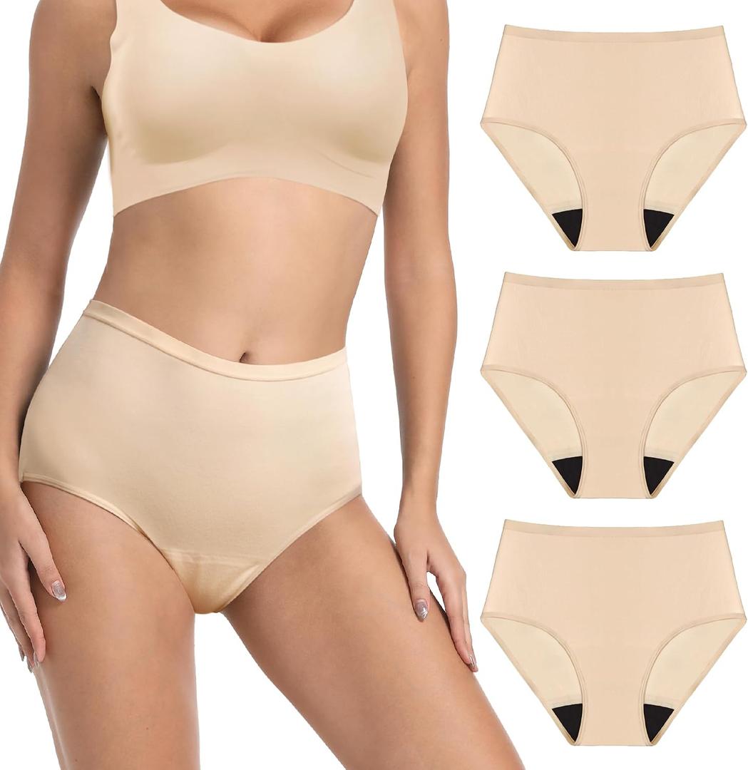 Washable Incontinence Panties for Women Bladder Leak Proof Underwear Light Absorbent Protection Cotton Brief 3 Pack (Beige L)