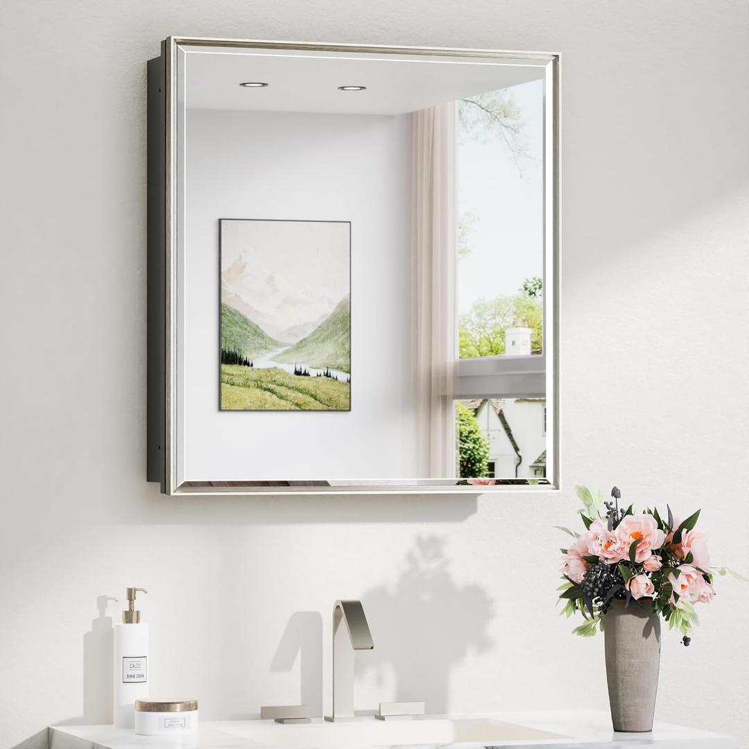 TokeShimi 24x26 Beveled Mirror Medicine Cabinet Recessed, Aluminum Framed Metal Brushed Nickel Medicine Cabinet with Mirrored, Bathroom Mirror with Adjustable Storage and Quiet Hinge