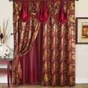 GLORY RUGS Jacquard Luxury Window 2 Panel Set Burgundy Gold Curtain with Attached Valance and Backing Bedroom Living Room Dining 2 Curtains 55x84 inches Each Jana