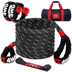 TYT Kinetic Recovery Rope,(1in x 30ft Black) 48,500lbs Snatch Strap, Heavy Duty Stretch Nylon Towing Ropes with 2pcs Soft Shackles for Offroad Vehicle,Jeep,SUV,ATV,UTV,Tractor Elastic Ropes Kit