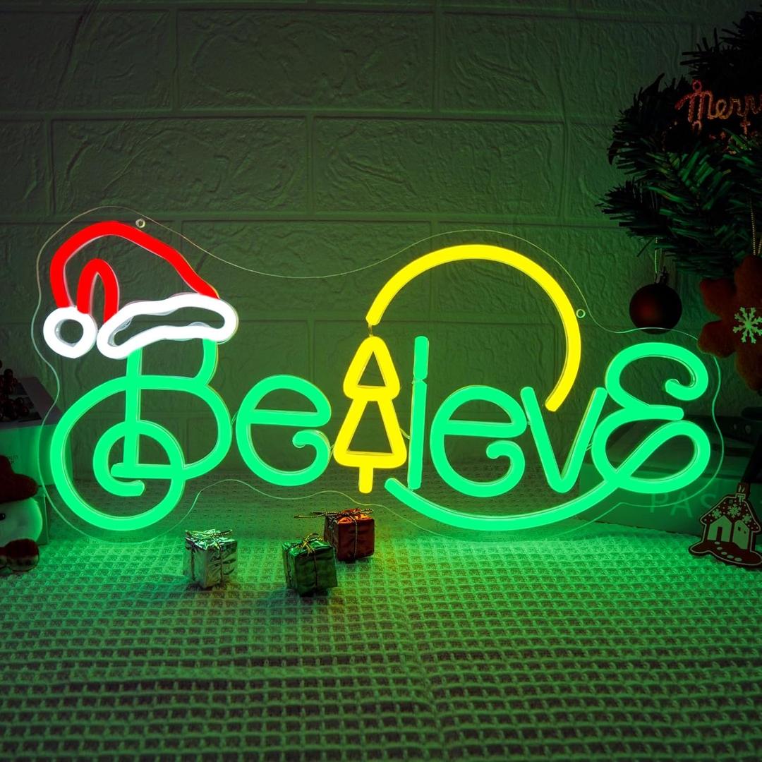 Believe Christmas Neon Sign for Wall Decor LED Light with Santa Hat Dimmable Neon Christmas Lights for Home Party Festival Ideal Gifts for Family Kids (16.9 * 8.3inch)