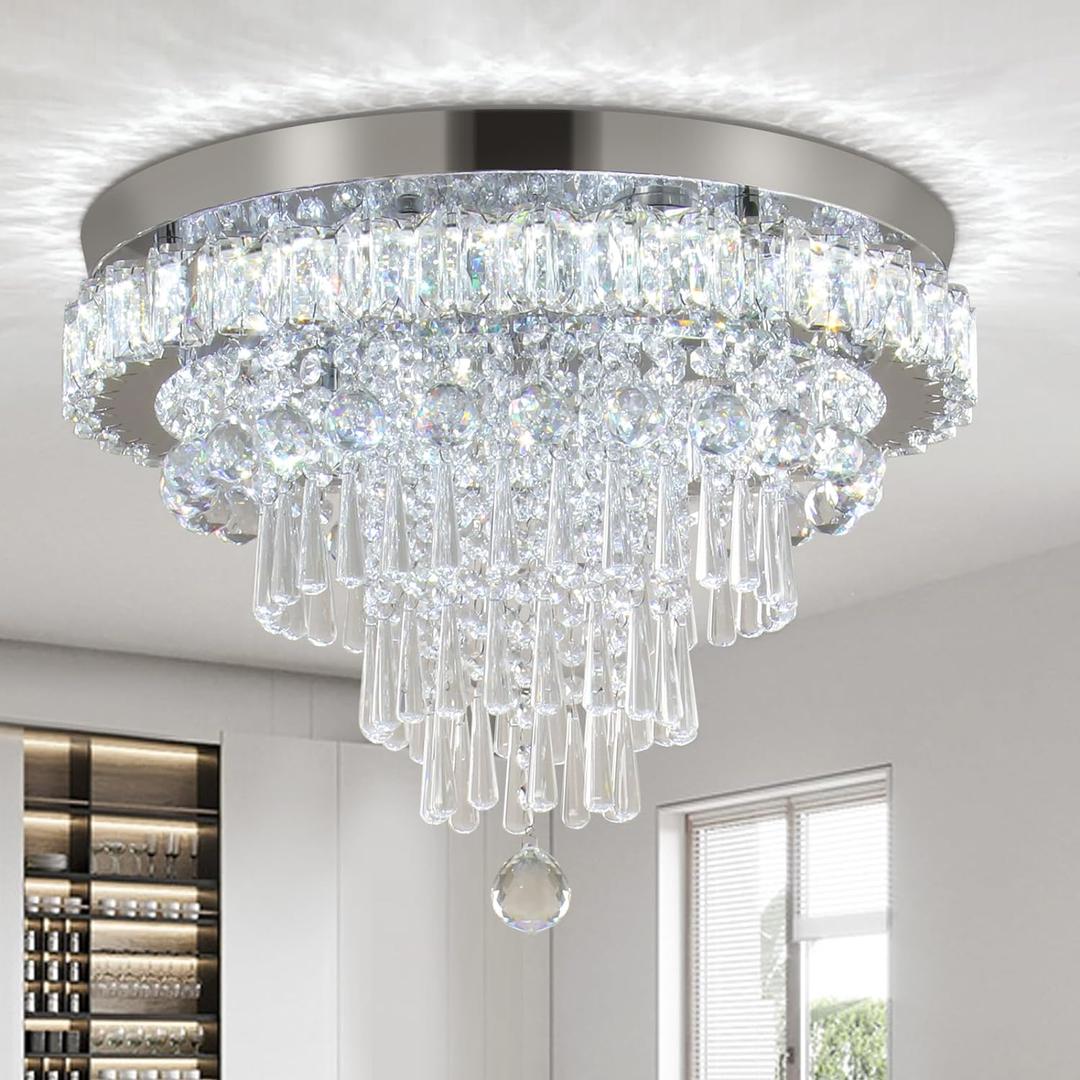 FRIXCHUR 17.7" LED Crystal Chandelier Modern Crystal Ceiling Light Fixture Large Flush Mount Chandeliers Ceiling Lighting for Living Room Bedroom Kitchen (6500K Cool White)