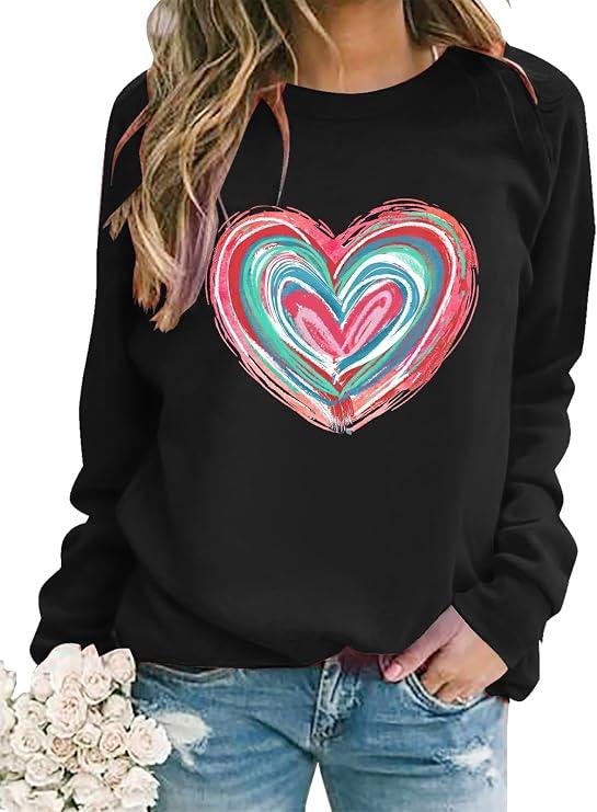 Urvatac Womens Valentine's Day Sweatshirt Funny Love Heart Graphic Pullover Shirts Casual Holiday Long Sleeve Blouse Tops, Medium