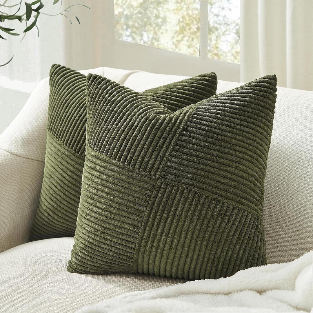 Topfinel Set of 2 Olive Green Decorative Throw Pillow Covers 16x16 Inches for Couch Bed Sofa, Boho Aesthetic Home Decor, Soft Corduroy Striped Patchwork Windmill Textured Cushion Cases 40x40 cm