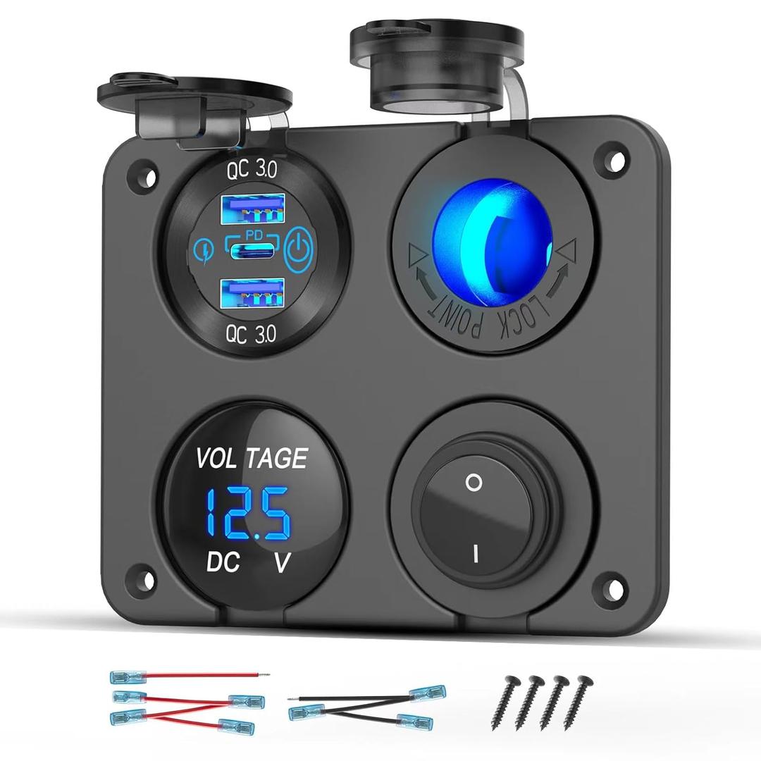 12 Volt USB Outlet RV Accessory 12V Marine Switch Panel, Dual PD30W and QC18W Car USB Port Aluminum Charger, Lighted 150W Cigarette Lighter Socket, Blue LED Voltmeter and Rocker Switch, 4 IN 1 DIY Kit