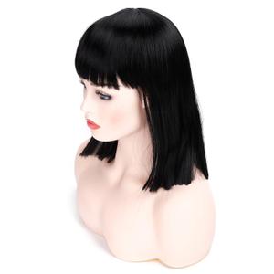 morvally Short Straight Black Wig with Bangs Natural Looking Heat Resistant Hair Cosplay Costume Wigs for Women (14 inches Natural Black)