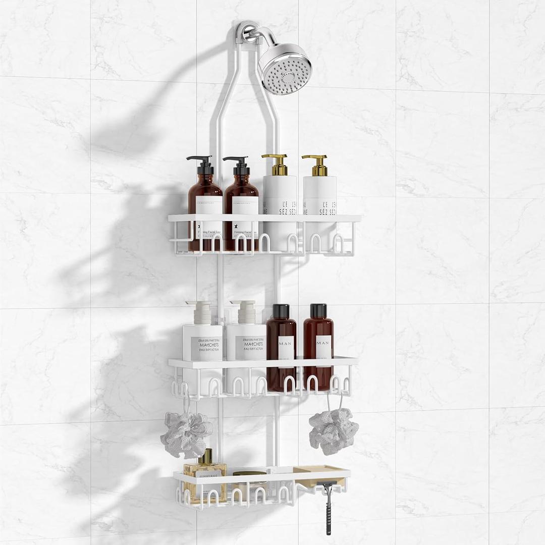Shower Caddy,Rustproof Shower Shelves Over Shower Head,Extended Length shower rack with Soap Holder,White