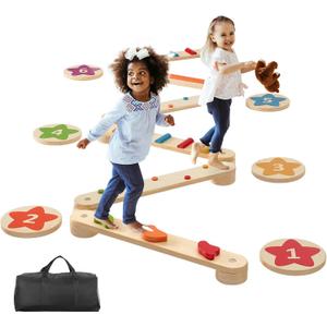 VEVOR Balance Beam Stepping Stones, 6 PCS Wooden Toddler Balance Boards, Montessori Toy for Kids 3-6, Build Coordination and Gross Motor Skills Gymnastics Obstacle Course Indoor Outdoor for Girls Boys