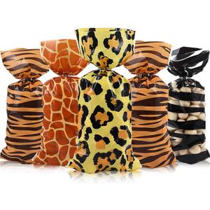 120 Pieces Jungle Animal Treat Bags, Wild Giraffe Cheetah Zebra Tiger Print Cellophane Plastic Candy Bags with 100 Silver Twist Ties for Jungle Safari Zoo Birthday Party Supplies