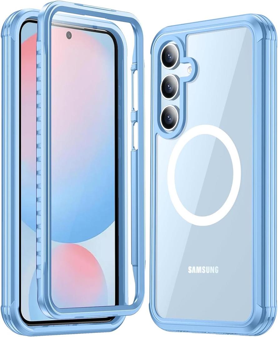 Miimall Full Body for Samsung Galaxy S24FE Case Magnetic,[Built in Screen Protector Glass][Compatible with Magsafe][Military Shockproof Dropproof]Heavy Duty Phone Case for S24FE 6.7",Light Blue/Clear