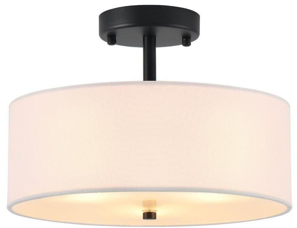 12 Inch Drum Black Semi Flush Mount Close to 3 Light Ceiling Light Fixture,Linen Fabric Shade for Bedroom,Living Room,Dining Room Hallway