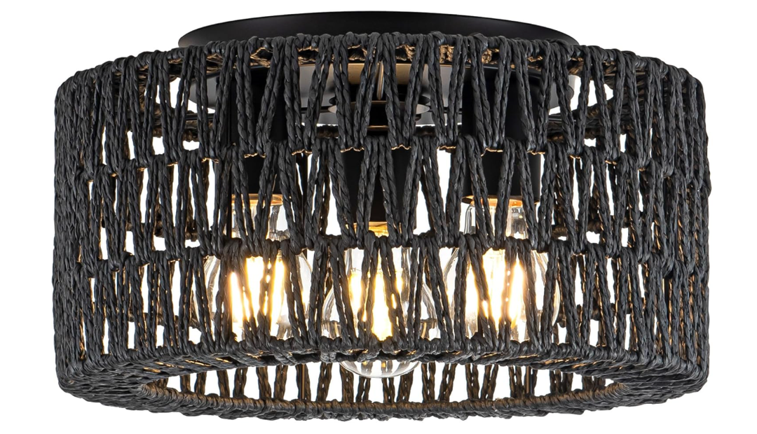 Rattan Ceiling Light Fixture, 3Light Bohemian Modern Woven Ceiling Light, Black Boho Flush Mount Ceiling Light for Bedroom Living Room Dining Room, Bulb Not Included, Black