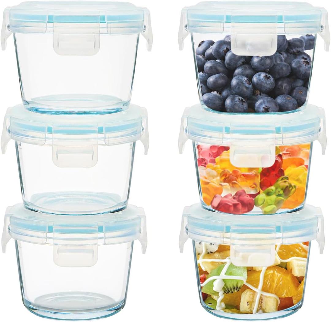 Small Glass Food Containers Set of 6, 5oz Reusable, Airtight, Leakproof Mini Food Storage Containers with Lids