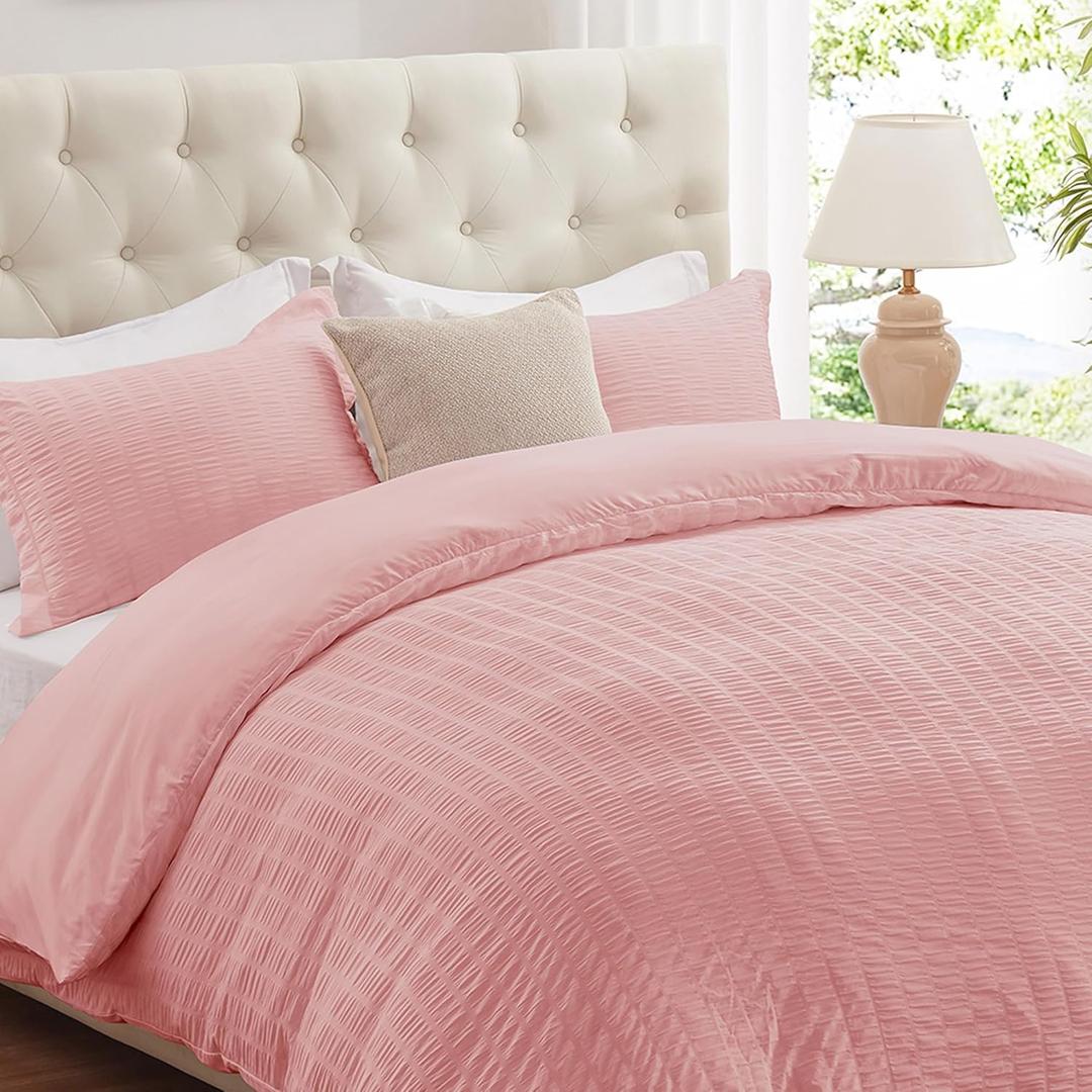 Cozyide Pink Duvet Cover Full Size, 3 Pieces Bedding Duvet Covers, Soft Breathable Seersucker Duvet Cover Set with Zipper Closure and Corner Ties (1 Duvet Cover 80"x90" + 2 Pillow Shams 20"x26")
