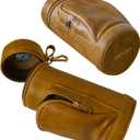 DECKEEP Yellow Brown Cylindrical Cigar Jar, Portable Cigar Humidor Case with Cigars V-Cut Cigar Cutter,Cedar Wood Strips,Front Useful Cigar Accessories Pocket Pouch,Hold 5 Cigars (Brown)