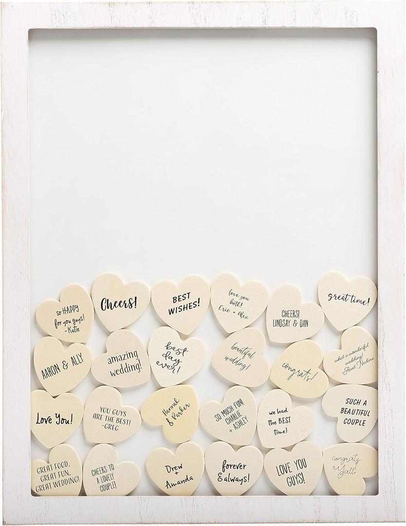 Kate & Milo Wedding Guestbook Token Frame, Includes 50 Heart Tokens, Perfect for Wedding Reception or Bridal Shower, Distressed White