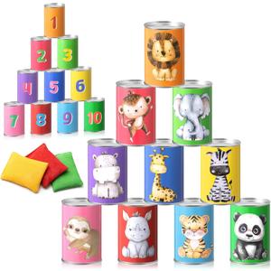 Libima 13 Pcs Festival Game Carnival Party Bean Bag Toss Sturdy Knockdown Outdoor Can Party Game with 10 Tin Cans and 3 Bean Bags for Outdoor and Indoor(Colorful, Animal)