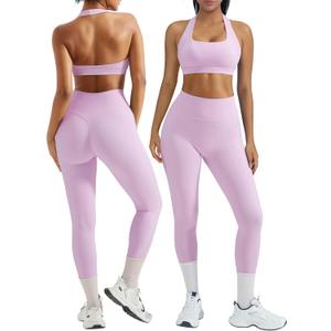 OMKAGI 2 Piece Workout Sets for Women Halter Sports Bras Gym Sets Booty Leggings Outfits (Large, Pink)