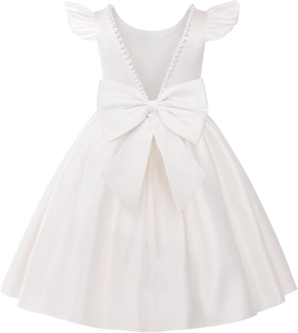 Uhnice Flower Girl Satin Dress with Pearls Flutter Sleeves V Back Gown with Removable Bow for Wedding Birthday Party (4-5T)