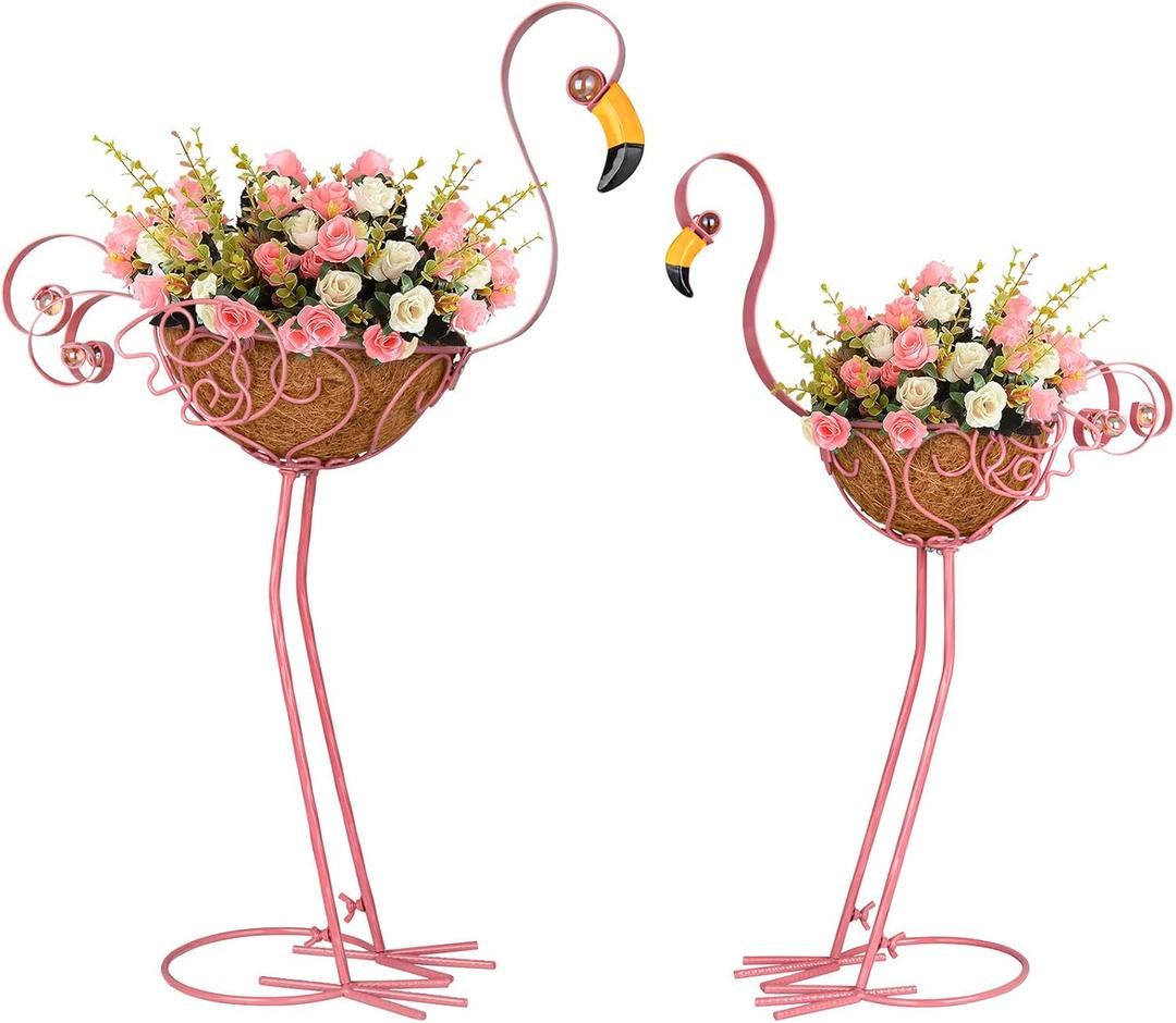 Set of 2 Pink Flamingo Outdoor Planters with Basket, Metal Flamingo Planter for Indoor Outdoor Garden Yard Decor (Flamingo-Planter)