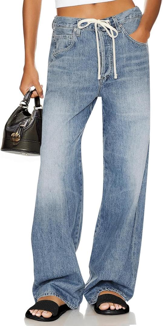 Cicy Bell Womens Wide Leg Jeans Drawstring High Waisted Baggy Straight Leg Jeans Trendy Boyfriends Denim Pants with Pockets (M)