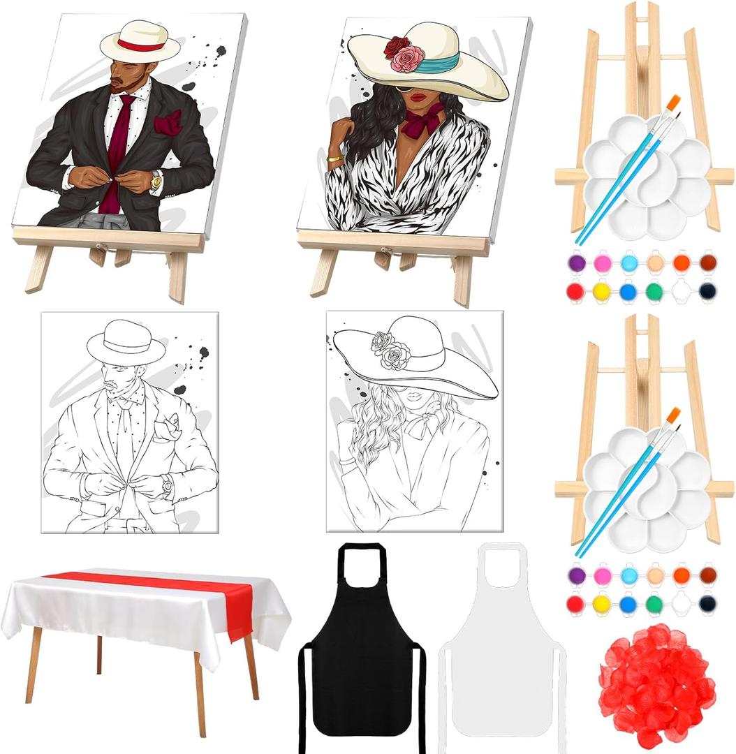 Zhanmai 112 Pcs Sip and Paint Kit for Adults Date Night Pre Drawn Canvas Paint Kit for Couples Canvas Painting Art Pre Drawn Stretch Art for Couple Valentine Party(Couple 2,8 x 10 Inch)