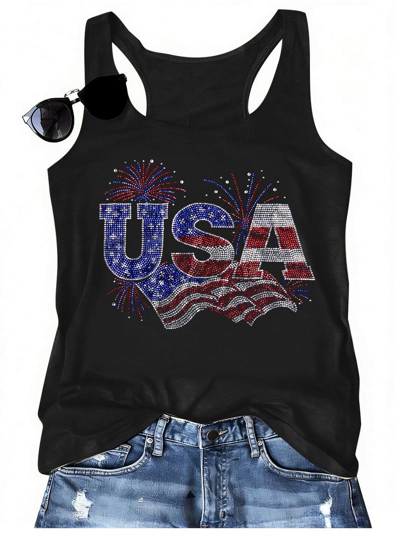 MNLYBABY USA Sequin Tank Top Women Sparkly Fireworks Sleeveless Shirt Glitter 4th of July Patriotic American Flag Tops (S)