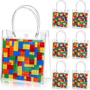 Teenyyou 24 Pcs Building Blocks Party Favors Bags Color Bricks PVC Clear Goodie Candy Treat Tote Gift Bags with Handles Building Blocks Theme Birthday Baby Shower Party Supplies