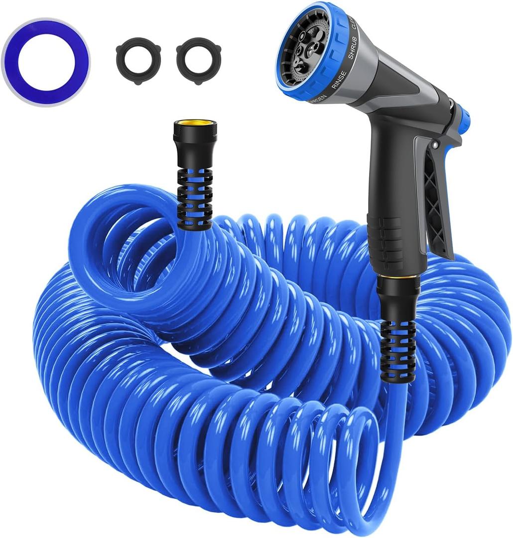 Coil Hose,3/8" EVA Coil Garden Hose 25 FT,Curly Water Hose Lightweight with Metal Connectors and Swivel Handle,Retractable Garden Hose Includes 8-Pattern Spray Nozzle for Boat, Yard, Patio