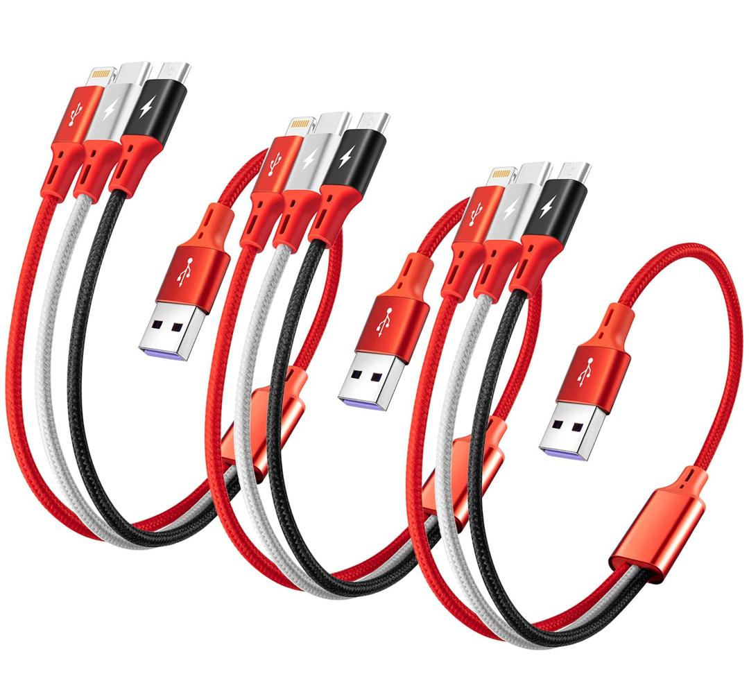 2Pack Multi Charging Cable, 3 in 1 Retractable Multiple Charger Cable, Fast Charging Cable, USB C Charger with Lightning/Micro/Type C for iPhone, iPad, Samsung, PS, Tablets & More (2, Red, 1ft)